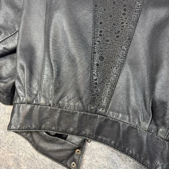 Vintage 80s Black Leather Bomber Jacket Women Oversized Puff Sleeve Retro Grunge - Picture 15 of 16